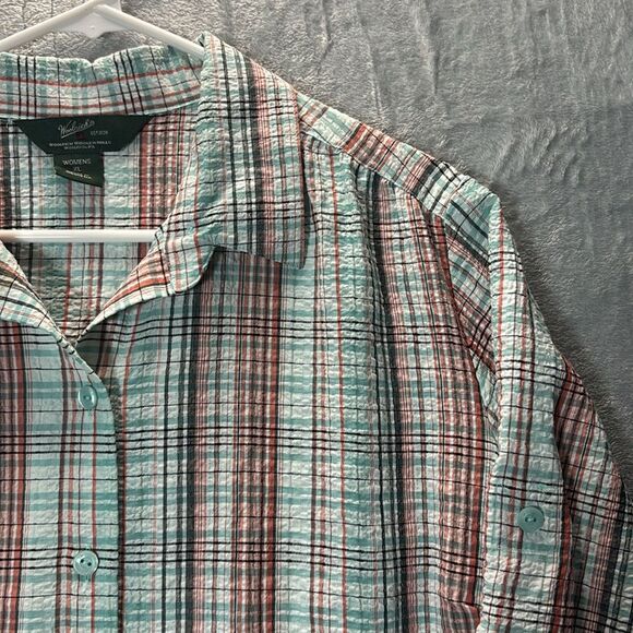 Woolrich Breeze Teal Coral Front Button Up Crinkle Texture Shirt Top Size XL - Picture 3 of 9